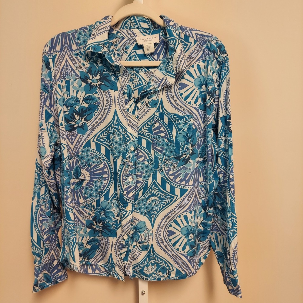 Calypso St Barth Blue White Floral Cotton Button Down Shirt L Reesort Coastal